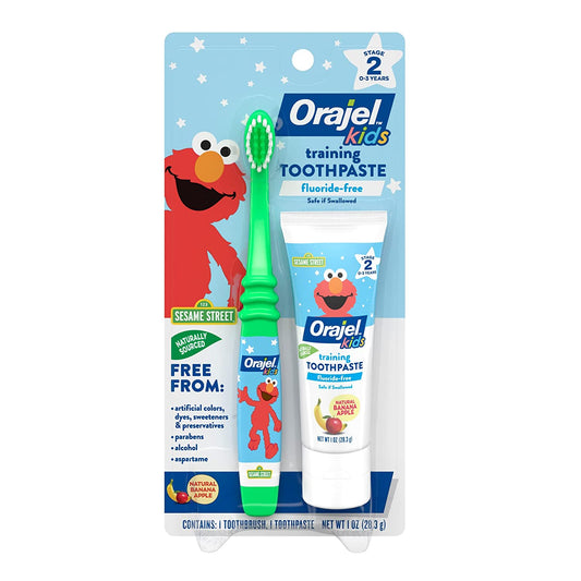 Orajel Elmo Fluoride-Free Tooth & Gum Cleanser with Toothbrush, Combo Pack, Banana Apple Flavored Non-Fluoride, 2 Piece Set