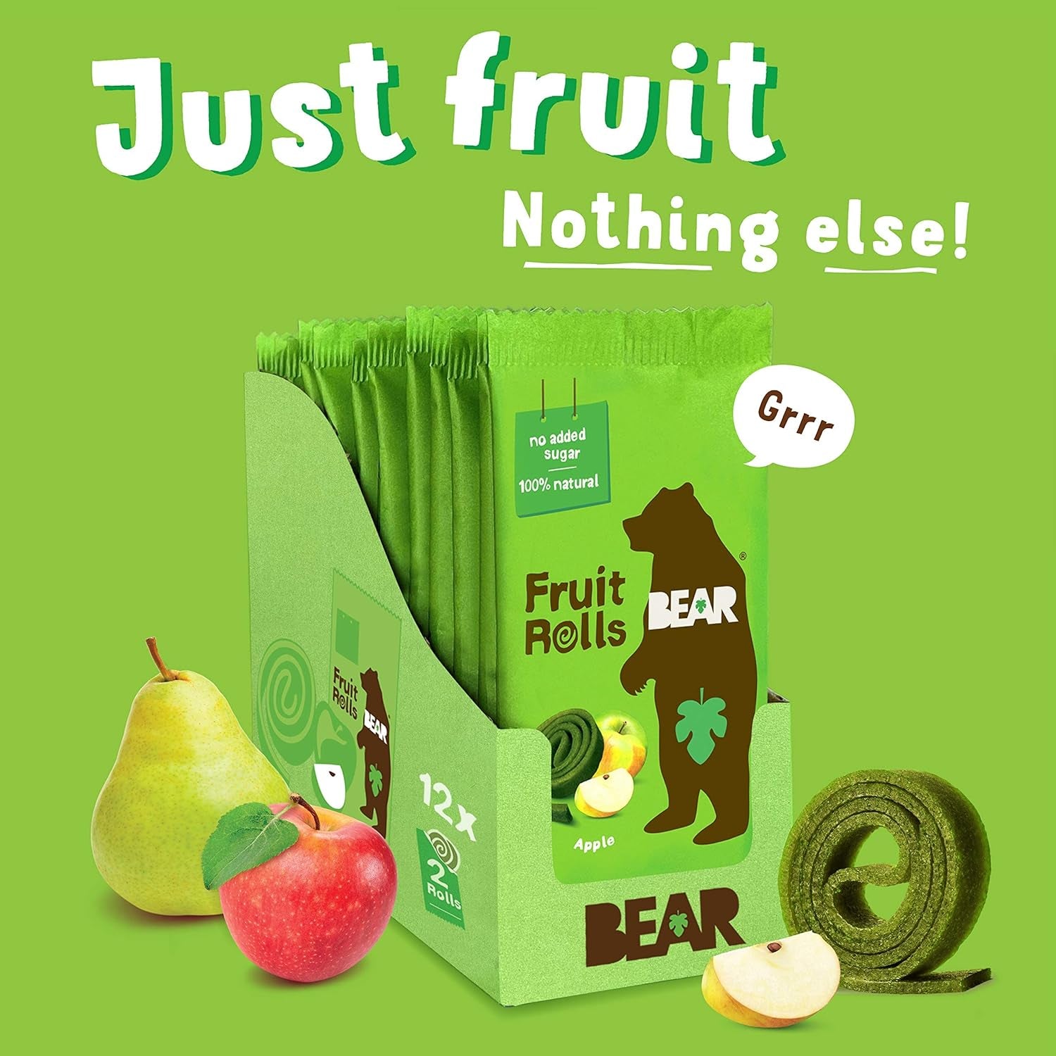 BEAR Real Fruit Snack Rolls, Apple (2 Rolls per Pack), No Added Sugar, All Natural, Non GMO, Gluten Free, Vegan, Healthy On-The-Go Snack for Kids & Adults, 0.7 Oz (Pack of 12)