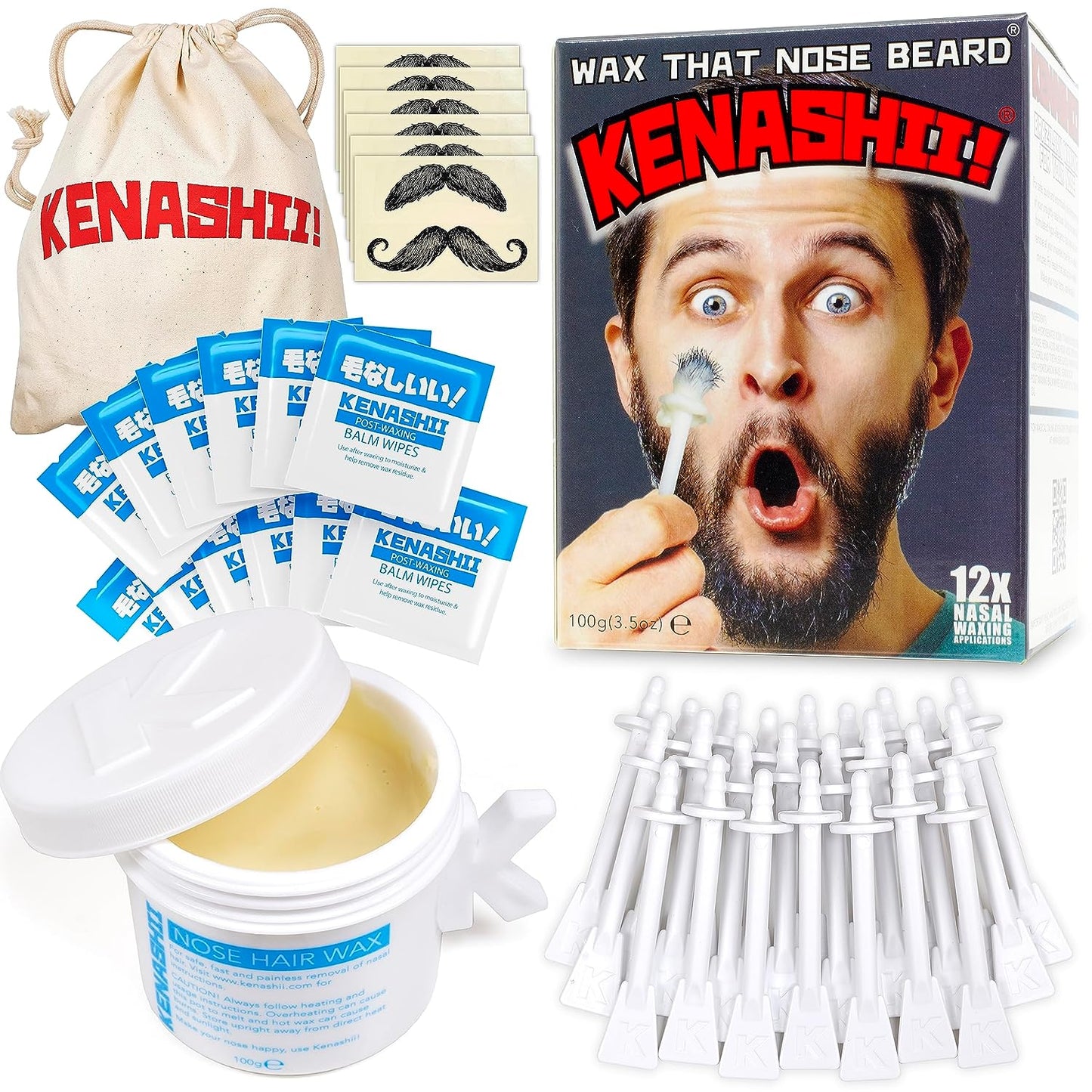 Nose Wax Kit | 100 G Wax, 24 Applicators | the Original and Best Nose and Ear Hair Removal Kit from Kenashii | Nasal Waxing for Men and Women | 12 Applications | 12 Balm Wipes | 12 Mustache Guards