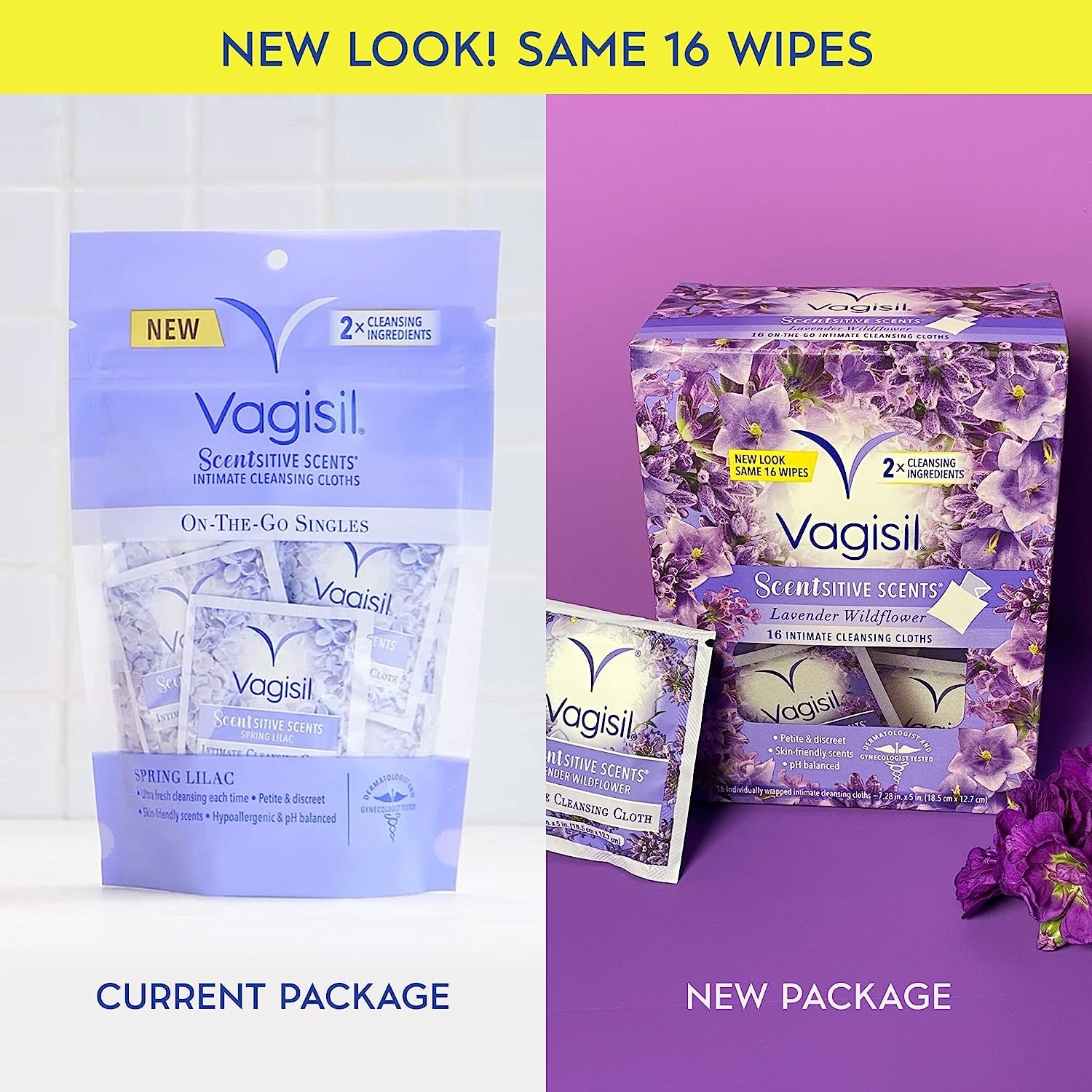 Vagisil Scentsitive Scents On-The-Go Feminine Cleansing Wipes, Ph Balanced, Lavender Wildflower, Individually Wrapped, 16 Count (Pack of 1)