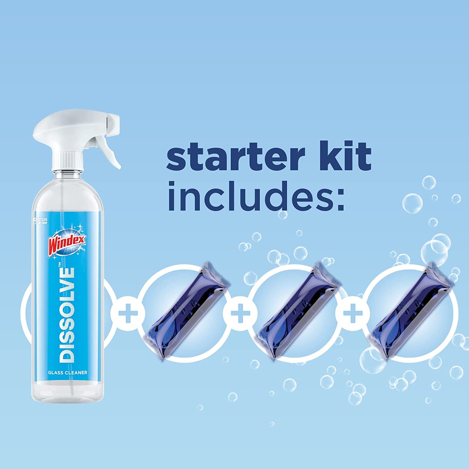 Windex Dissolve Concentrated Pods, Glass Cleaner Starter Kit Contains 1 Reusable Bottle, 3 Concentrated Dissolvable Pods