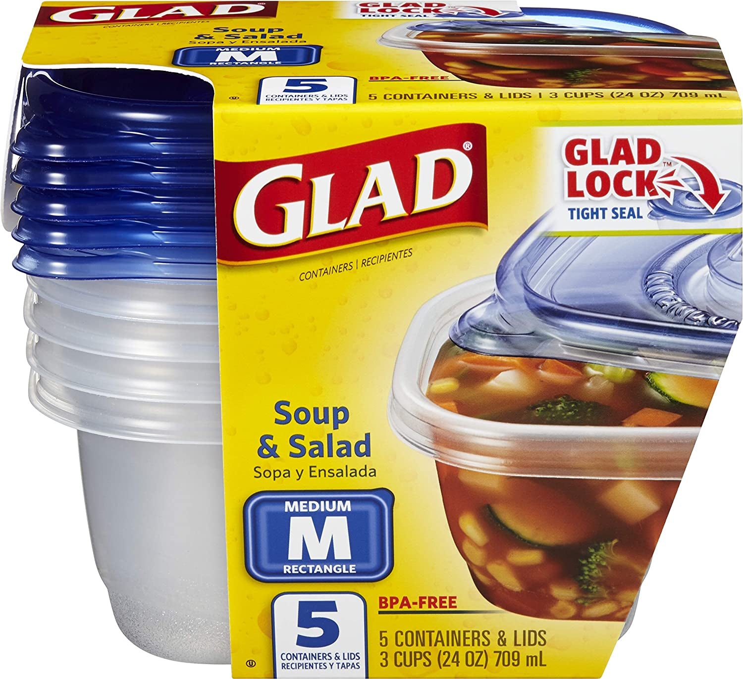 Gladware Soup & Salad Food Storage Containers for Everyday Use | Medium Rectangle Containers for Food Storage | Containers Hold up to 24 Ounces of Food, 5 Count Set