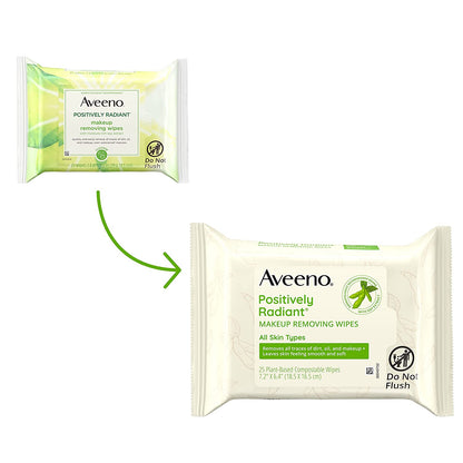 Aveeno Positively Radiant Oil-Free Makeup Removing Facial Cleansing Wipes to Help Even Skin Tone & Texture with Moisture-Rich Soy Extract, Gentle & Non-Comedogenic, 25 Ct.