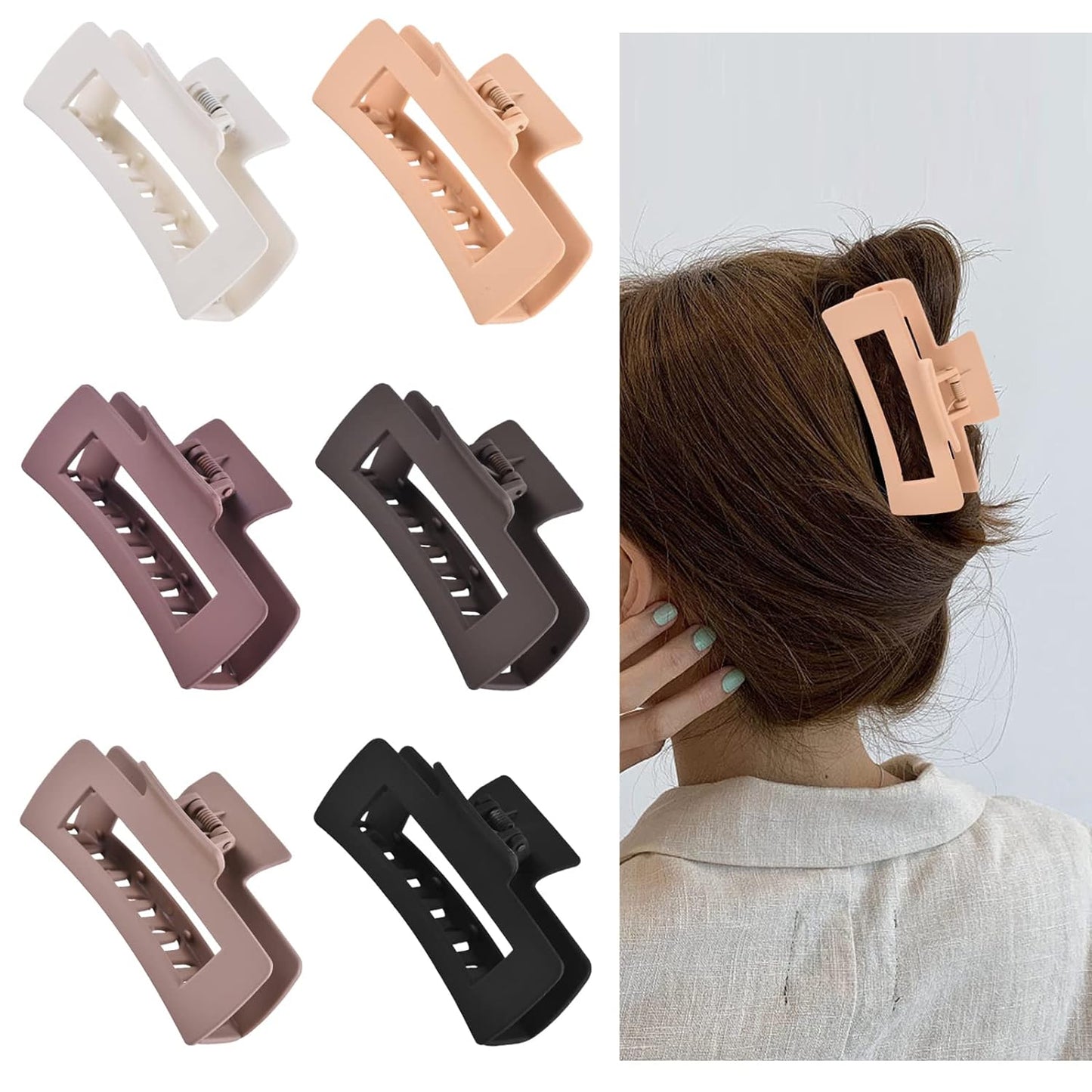 12 Pcs Rectangle Hair Clips, Hair Accessories for Women and Girls, Including 6 Pcs 4 Inch Large Claw Clips for Thick Hair and 6 Pcs 2 Inch Small Hair Claw Clips for Thin Hair (Neutral)