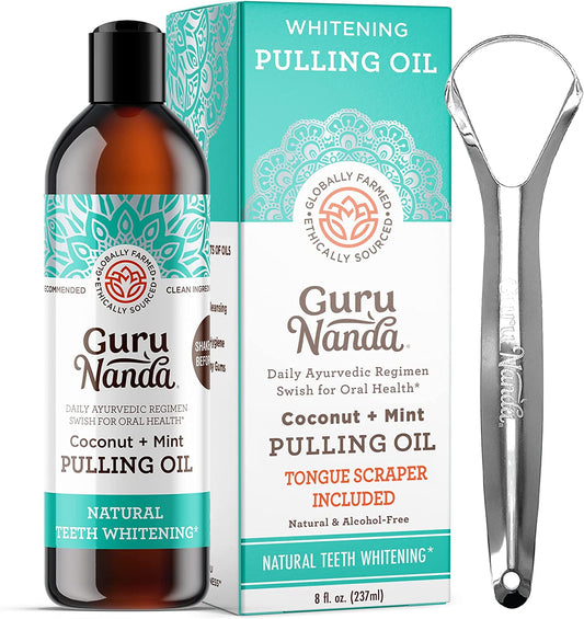 Gurunanda Oil Pulling (8 Fl.Oz) with Coconut & Peppermint Oil with Tongue Scraper inside the Box - Natural, Alcohol Free Mouthwash to Help with Fresh Breath, Teeth Whitening and Healthier Teeth & Gums