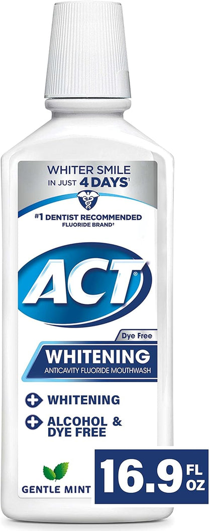 ACT Whitening + Anticavity Fluoride Mouthwash 16.9 Fl. Oz. with Zero Alcohol, Dye Free, Gentle Mint