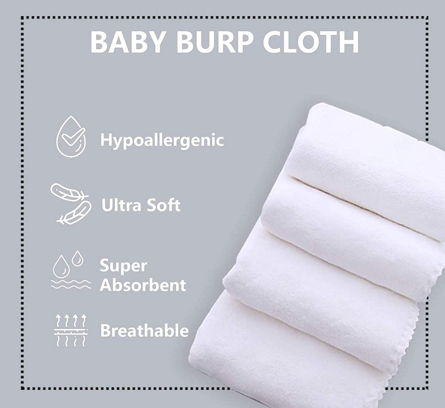 8 Pack Large Burp Cloths for Baby - 20" by 10" Ultra Absorbent Burping Cloth, Washcloths, Newborn Towel - Milk Spit up Rags Burp Clothes for Unisex, Boy, Girl (White)