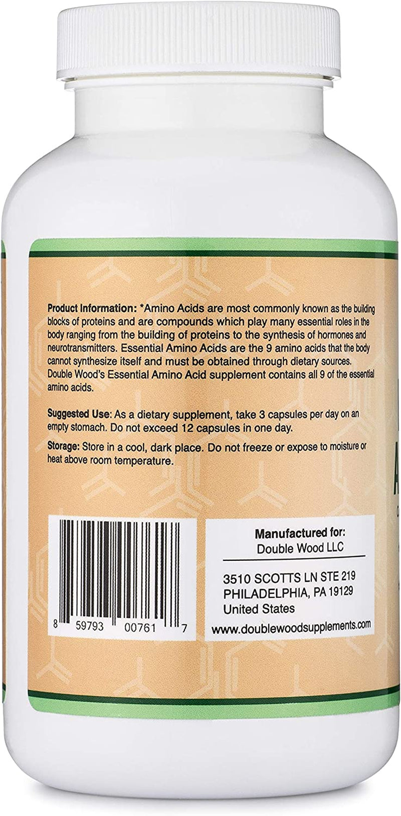 Essential Amino Acids - 1 Gram per Serving Powder Blend of All 9 Essential Aminos (EAA) and All Branched-Chain Aminos (Bcaas) (Leucine, Isoleucine, Valine) 225 Capsules by Double Wood Supplements