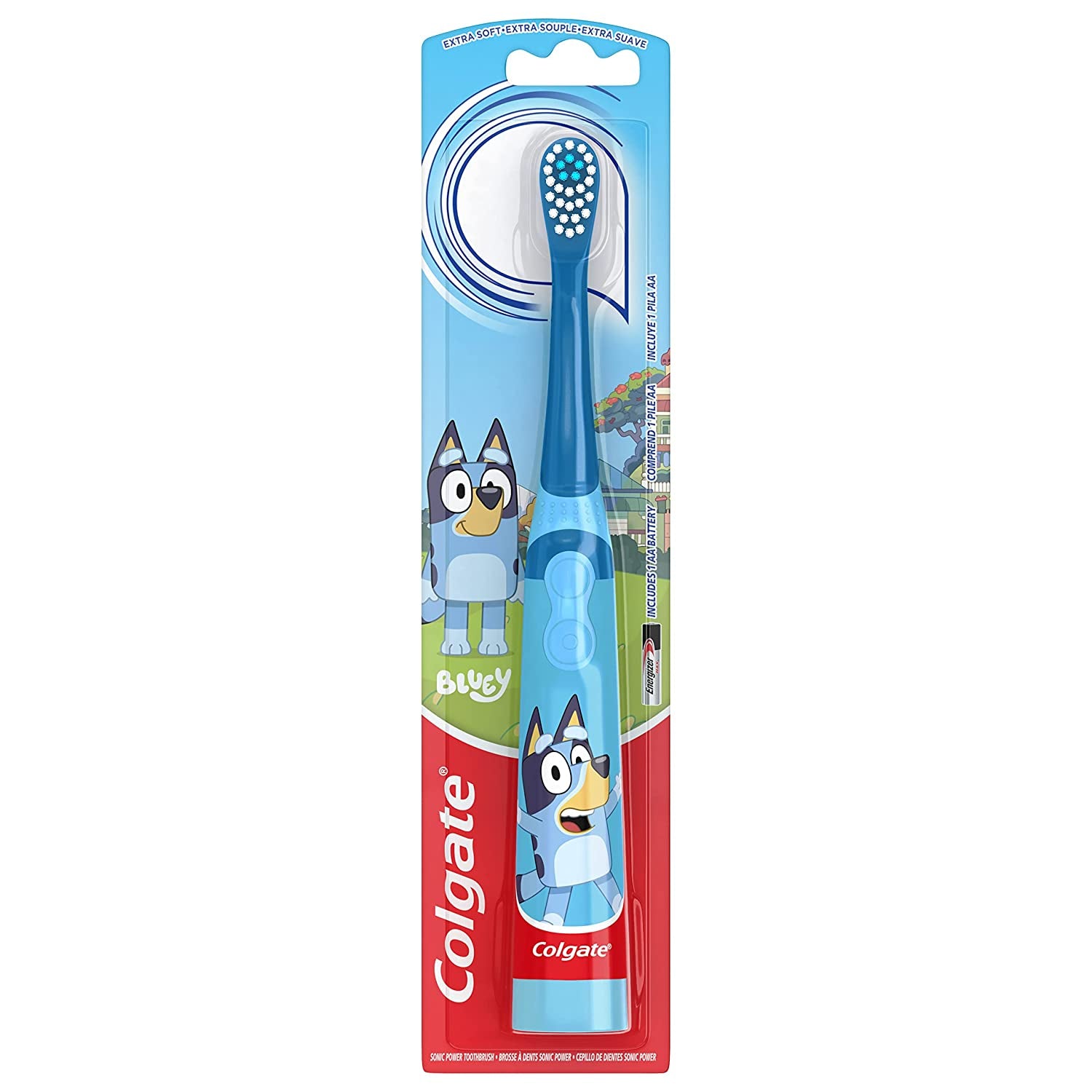 Colgate Kids Battery Powered Toothbrush, Kids Battery Toothbrush with Included AA Battery, Extra Soft Bristles, Flat-Laying Handle to Prevent Rolling, Bluey Toothbrush, 1 Pack