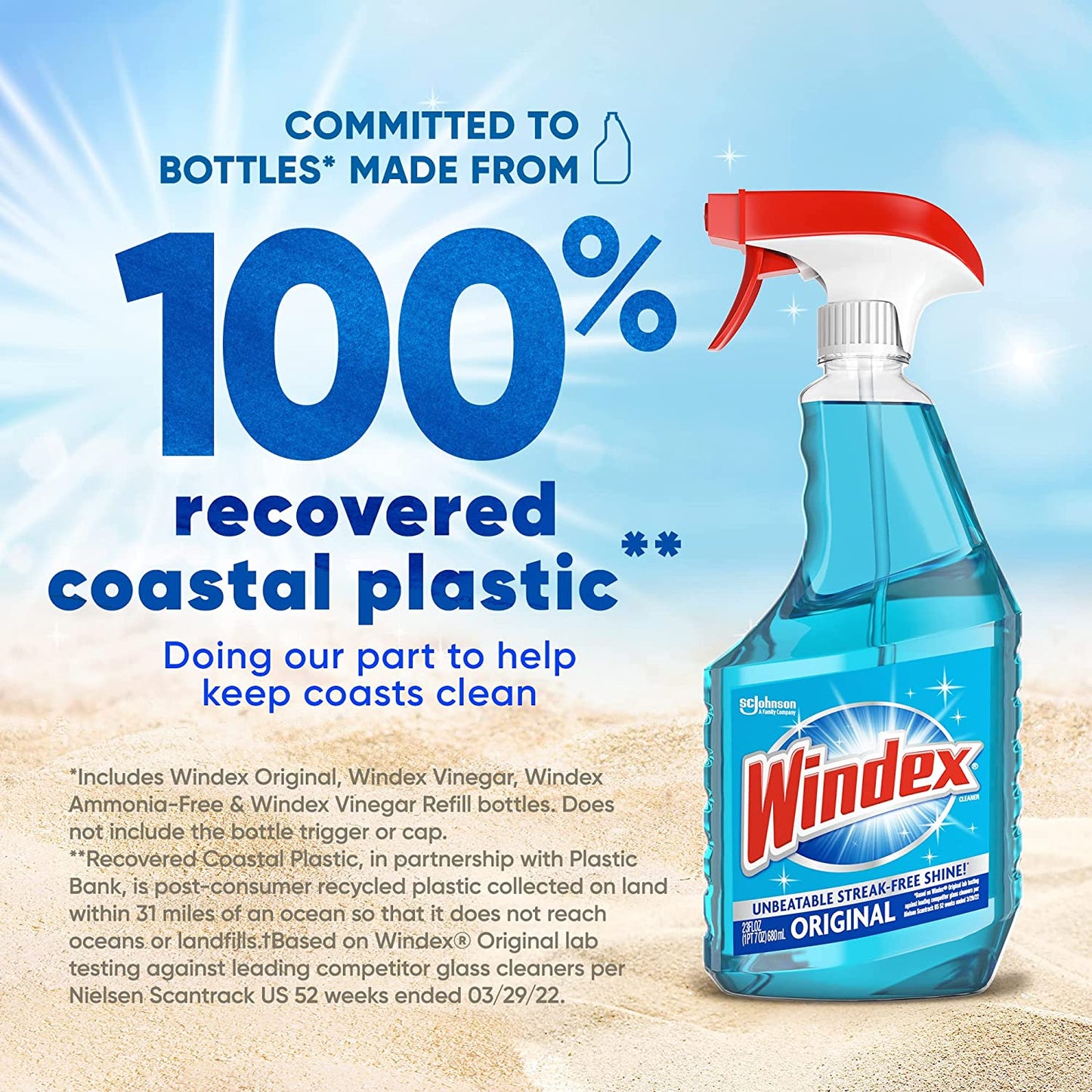 Windex Glass and Window Cleaner Spray Bottle, Bottle Made from 100% Recovered Coastal Plastic, Original Blue, 23 Fl Oz