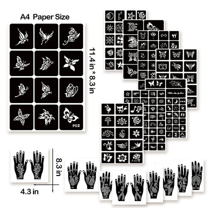 Churlchurl Henna Tattoo Stencil Kit 190Pcs, 24 Sheets Henna Stencils Reusable Temporary Indian Arabian Glitter Airbrush Tattoo Stencils for Face Body Paint DIY