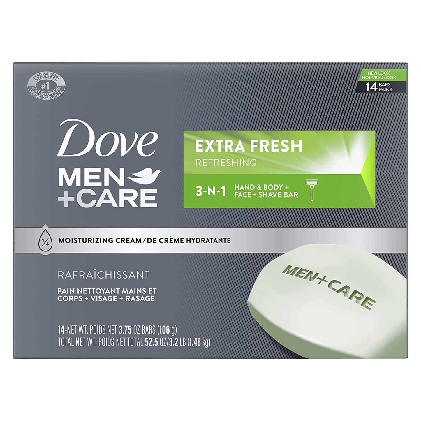 DOVE MEN + CARE Bar 3 in 1 Cleanser for Body, Face, and Shaving to Clean and Hydrate Skin Extra Fresh Body and Facial Cleanser More Moisturizing than Bar Soap 3.75 Oz 14 Bars