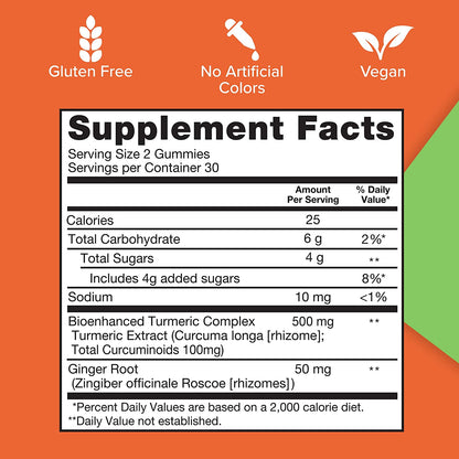 Turmeric and Ginger Gummies, Qunol Gummy with 500Mg Turmeric + 50Mg Ginger, Joint Support Supplement, Ultra High Absorption Tumeric and Ginger, Vegan, Gluten Free, 1 Month Supply 60Ct Gummies