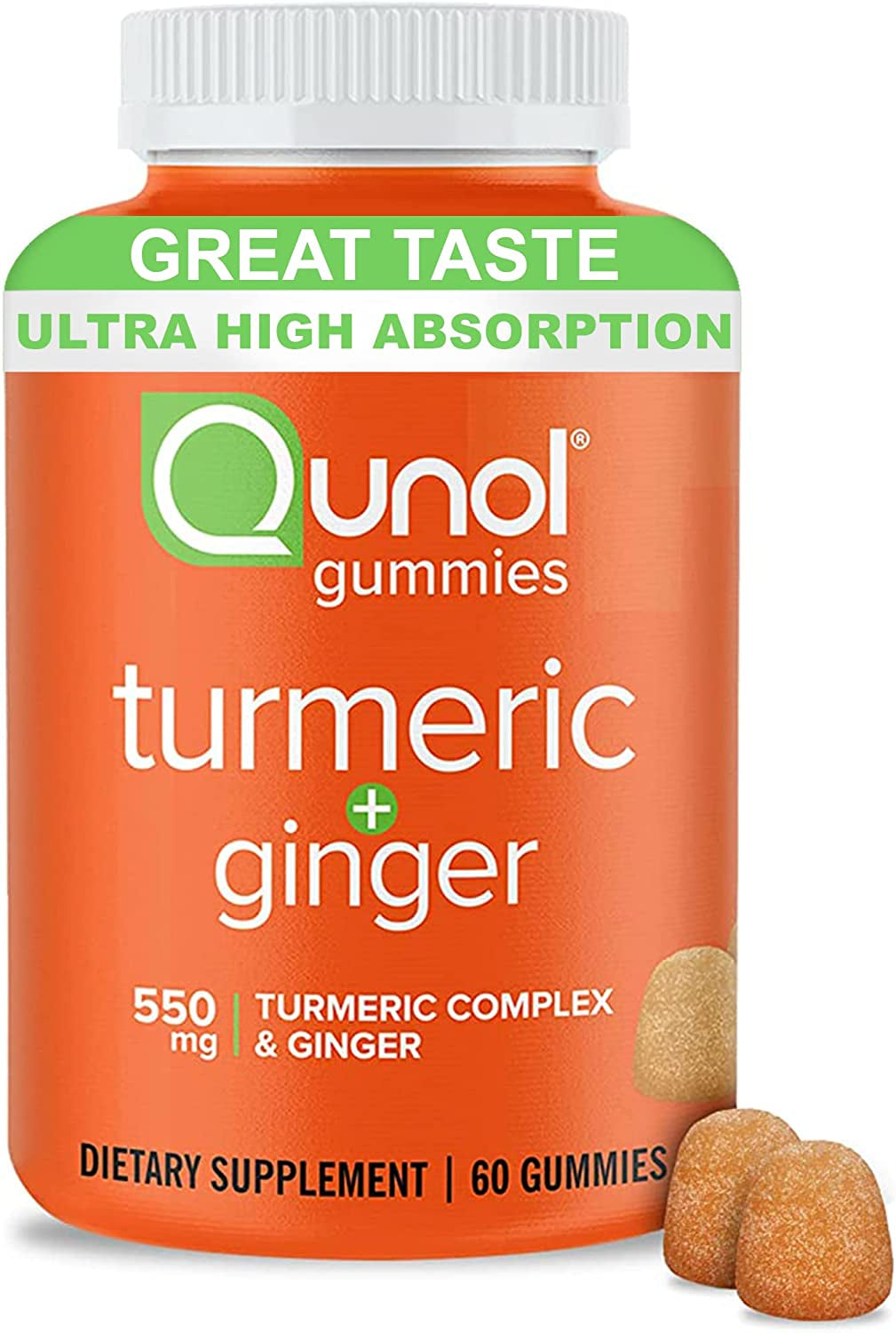 Turmeric and Ginger Gummies, Qunol Gummy with 500Mg Turmeric + 50Mg Ginger, Joint Support Supplement, Ultra High Absorption Tumeric and Ginger, Vegan, Gluten Free, 1 Month Supply 60Ct Gummies