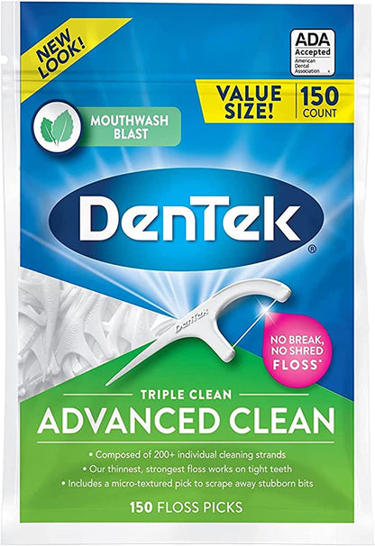 Dentek Triple Clean Advanced Clean Floss Picks, No Break & No Shred Floss, 150 Count