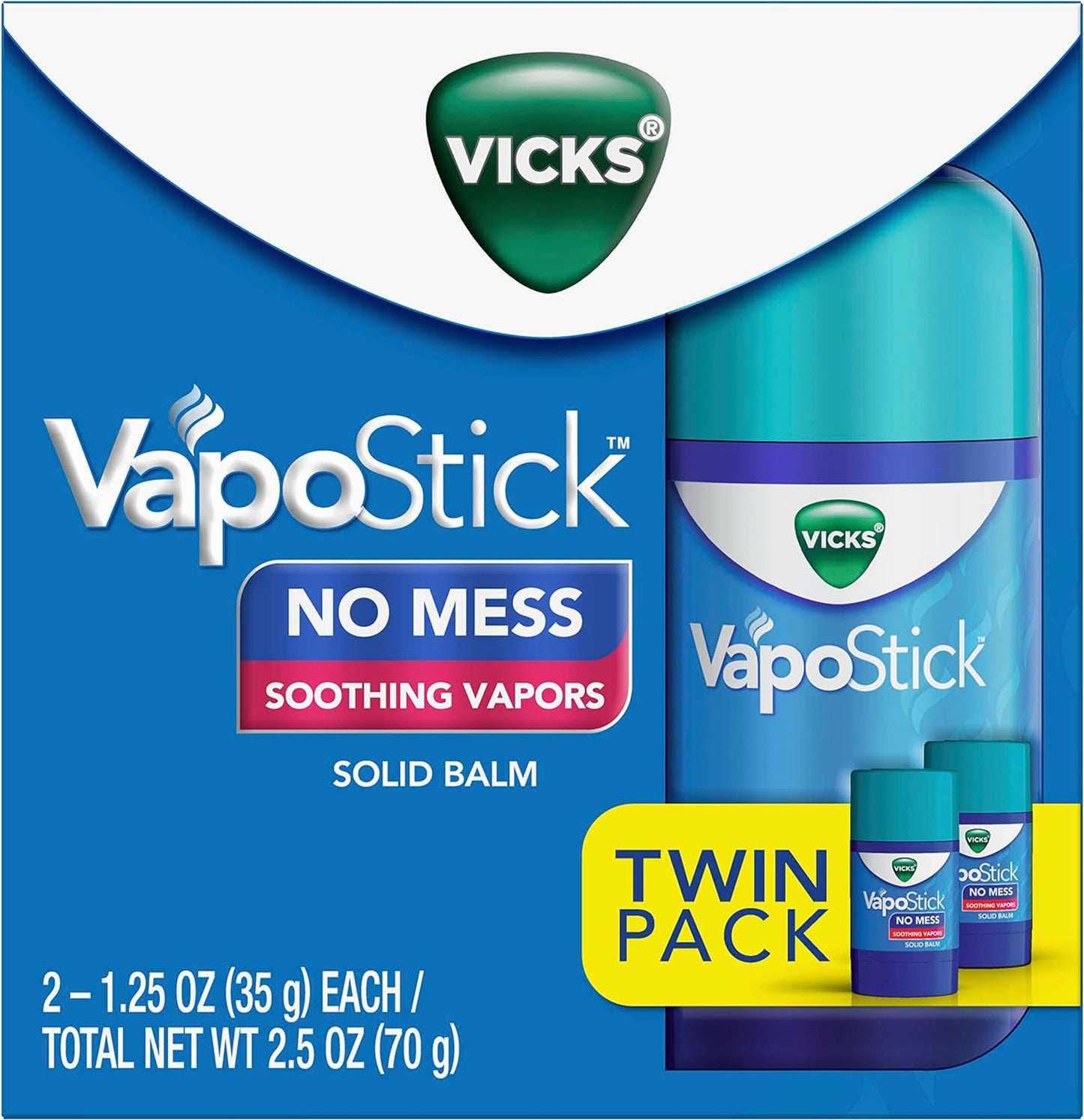 Vicks Vapostick,Solid Balm,No Mess,Comforting Non-Medicated Vicks Vapors,Easy-To-Use No-Touch Applicator,Quick Dry,Lightweight Skin Feel,From the Makers of Vicks Vaporub,1.25Oz X 2 (Twin Pack)