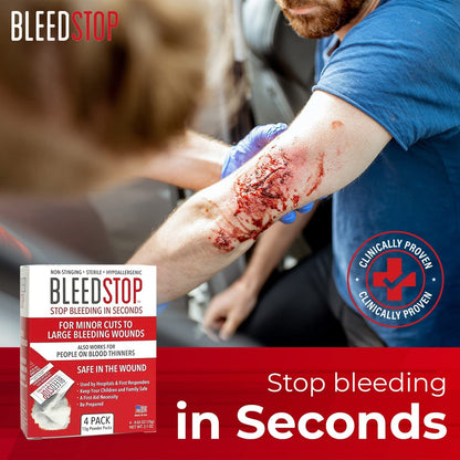 Bleedstop™ First Aid Powder for Blood Clotting, Trauma Kit, Blood Thinner Patients, Camping Safety, and Survival Equipment for Moderate to Severe Bleeding Wounds or Nosebleeds - 4 (15G) Pouches