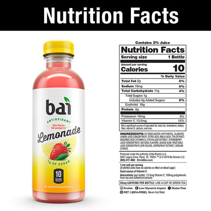 Bai Flavored Water, São Paulo Strawberry Lemonade, Antioxidant Infused Drinks, 18 Fl Oz (Pack of 12)