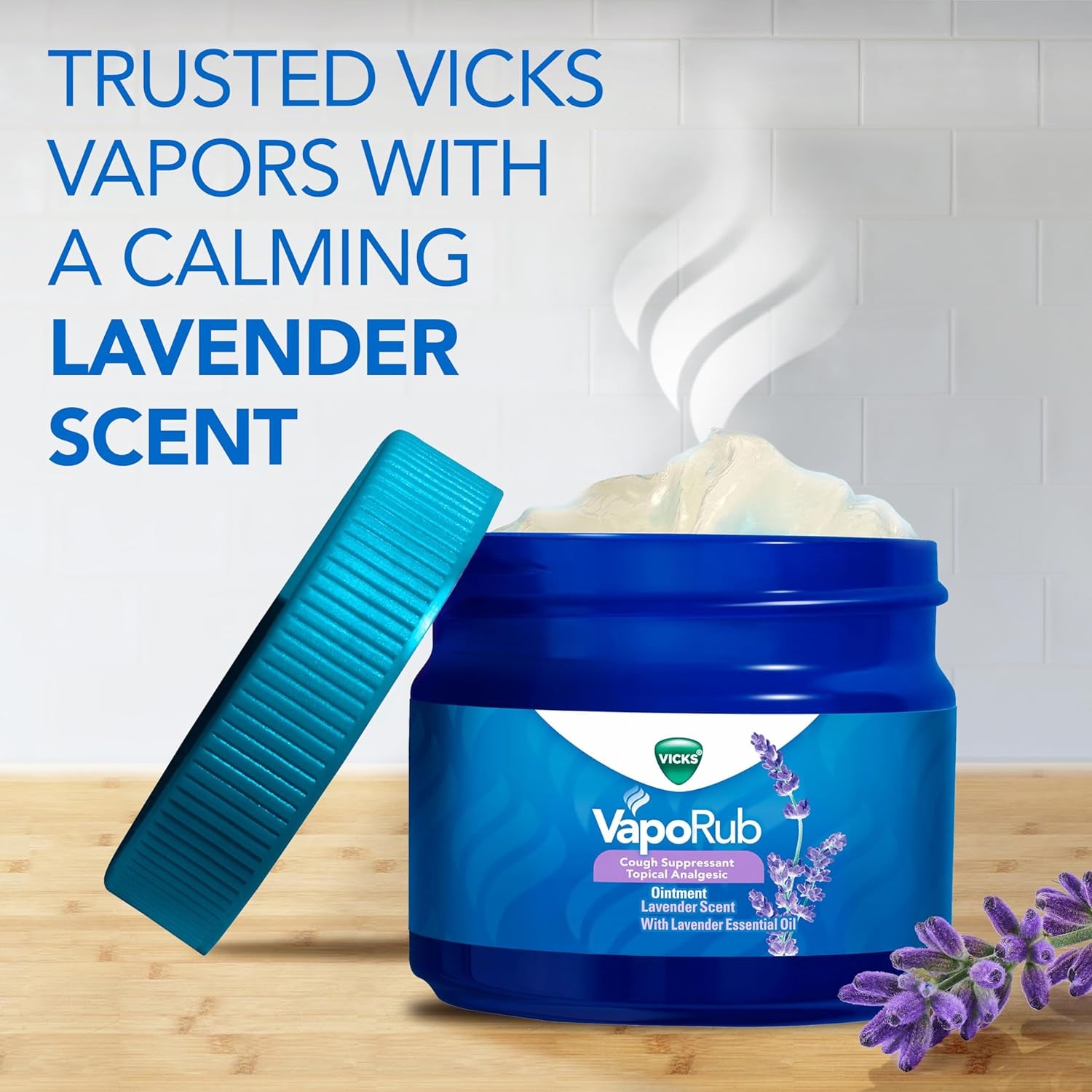 Vicks Vaporub, Lavender Scent, Cough Suppressant, Topical Chest Rub & Analgesic Ointment, Medicated Vicks Vapors, Relief from Cough Due to Cold, Aches & Pains, 1.76Oz