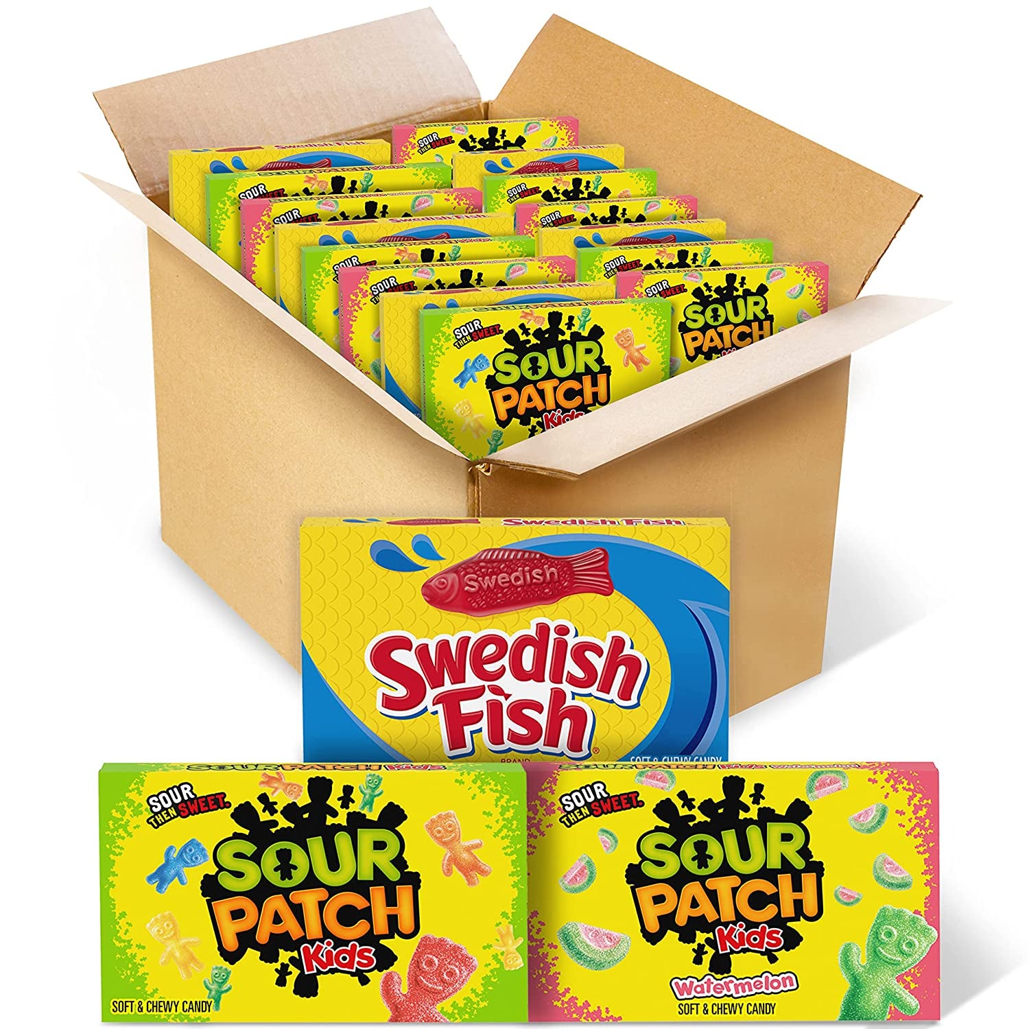 SOUR PATCH KIDS Original Candy, SOUR PATCH KIDS Watermelon Candy & SWEDISH FISH Candy Variety Pack, Christmas Candy Stocking Stuffers, 15 Movie Theater Candy Boxes