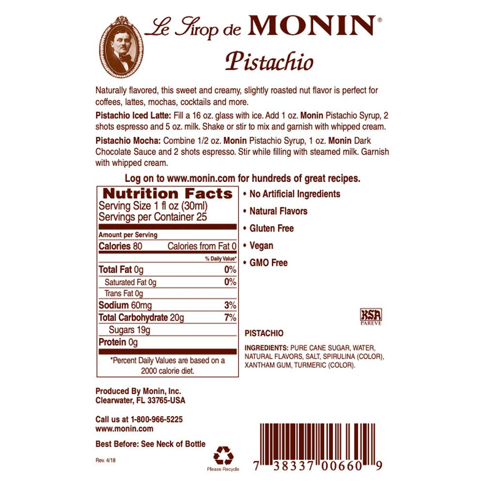 Monin - Pistachio Syrup, Rich and Roasted Pistachio Flavor, Great for Lattes, Mochas, and Dessert Cocktails, Non-Gmo, Gluten-Free (750 Ml)