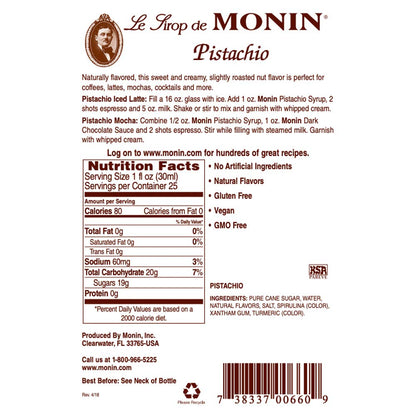 Monin - Pistachio Syrup, Rich and Roasted Pistachio Flavor, Great for Lattes, Mochas, and Dessert Cocktails, Non-Gmo, Gluten-Free (750 Ml)