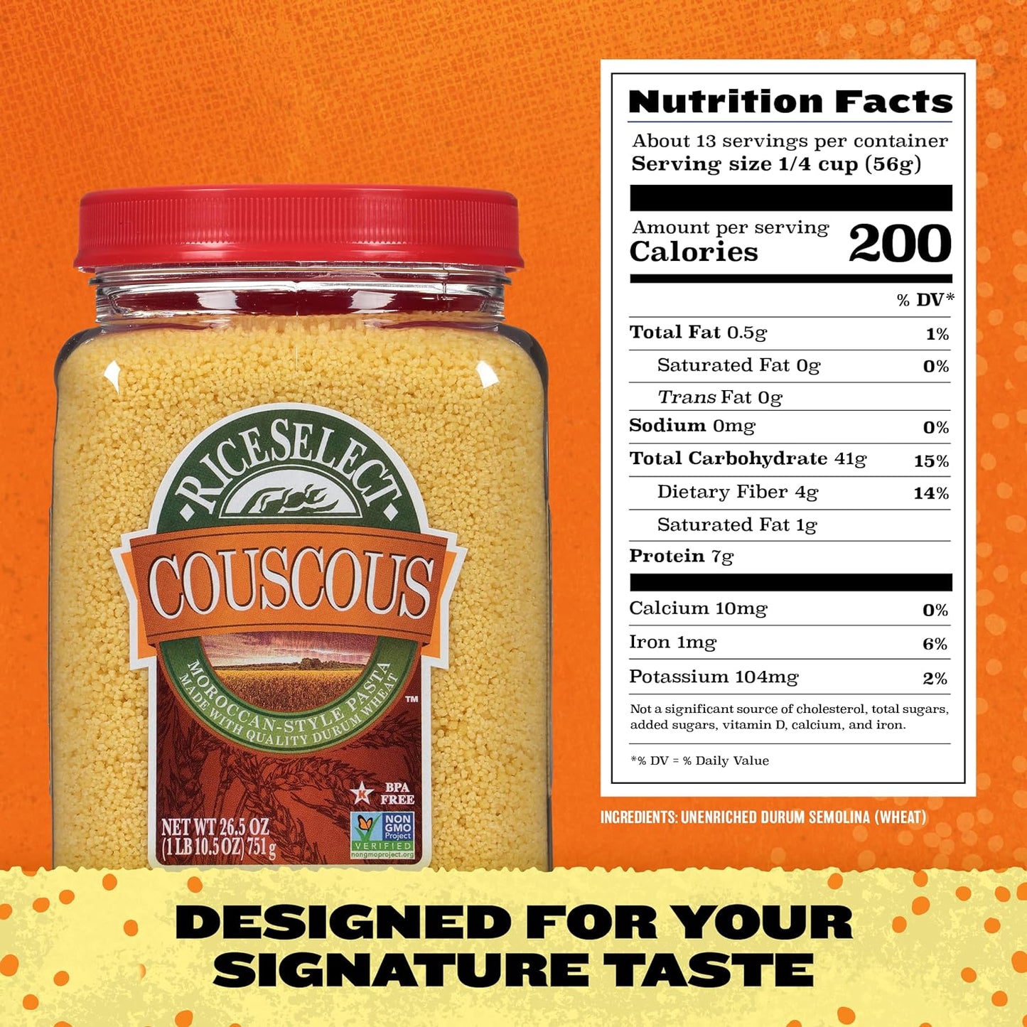 Riceselect Couscous, Moroccan-Style Non-Gmo and Vegan Couscous Pasta, 26.5 Ounce Jar