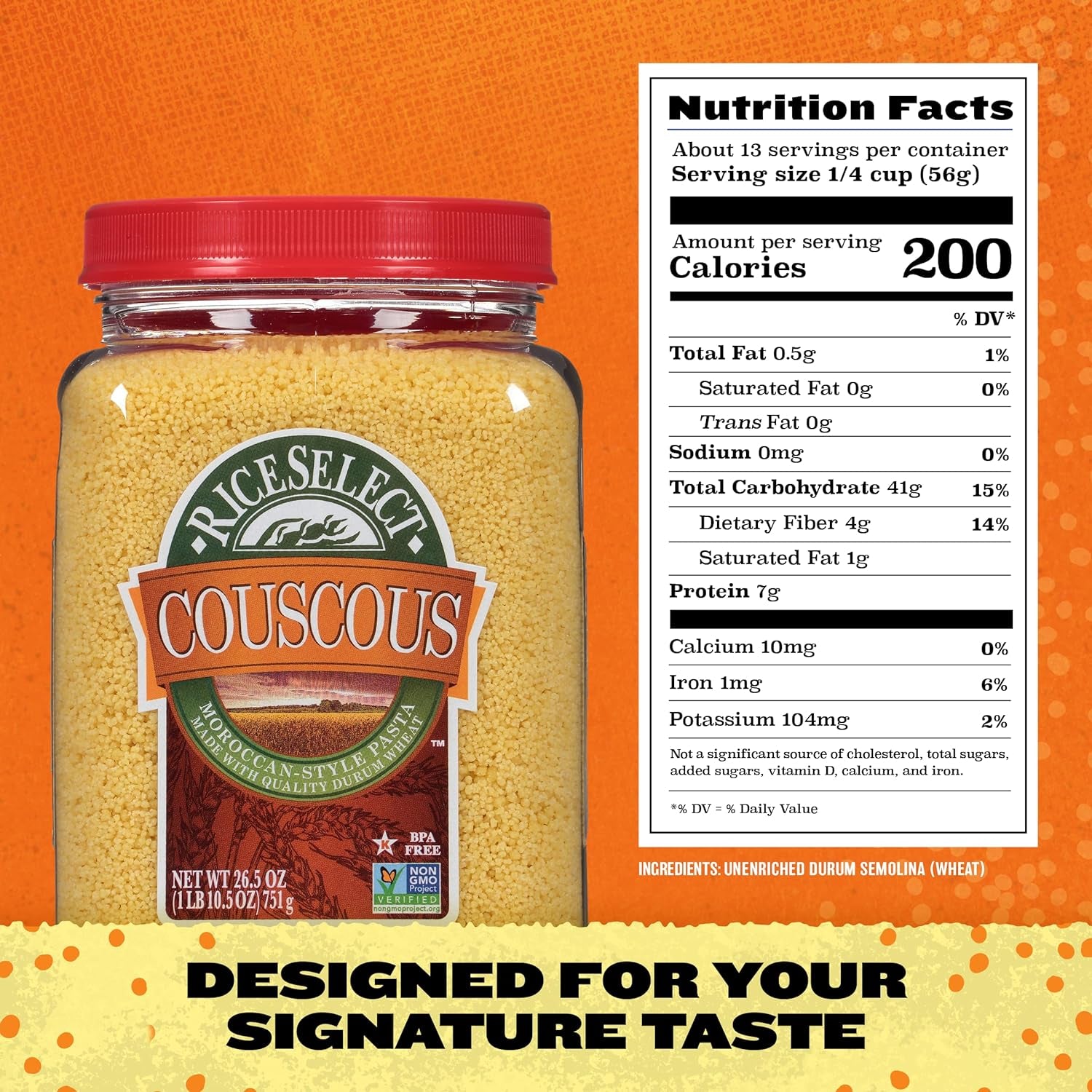 Riceselect Couscous, Moroccan-Style Non-Gmo and Vegan Couscous Pasta, 26.5 Ounce Jar