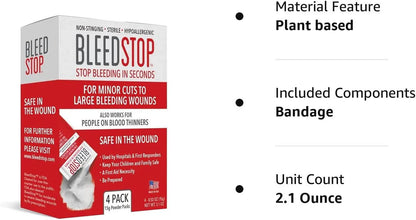 Bleedstop™ First Aid Powder for Blood Clotting, Trauma Kit, Blood Thinner Patients, Camping Safety, and Survival Equipment for Moderate to Severe Bleeding Wounds or Nosebleeds - 4 (15G) Pouches