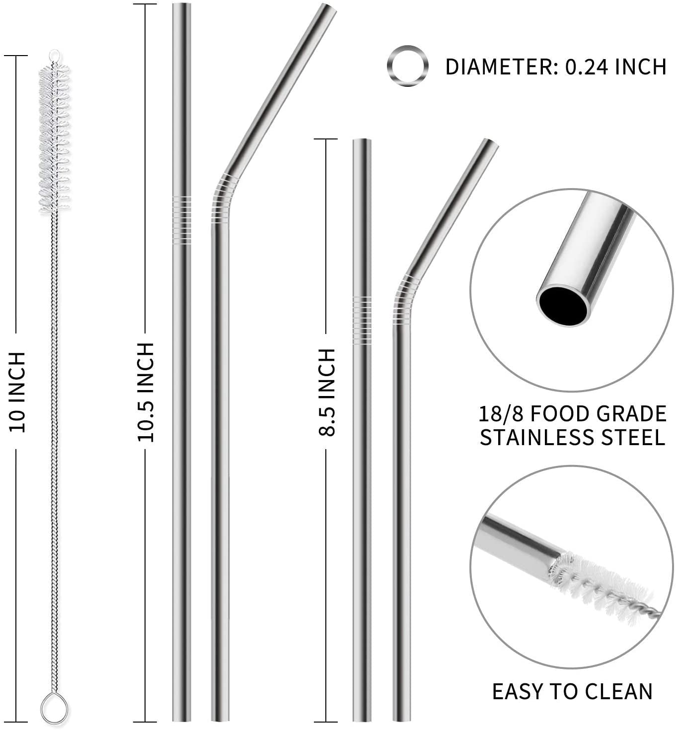 Hiware 12-Pack Reusable Stainless Steel Metal Straws with Case - Long Drinking Straws for 30 Oz and 20 Oz Tumblers Yeti Dishwasher Safe - 2 Cleaning Brushes Included