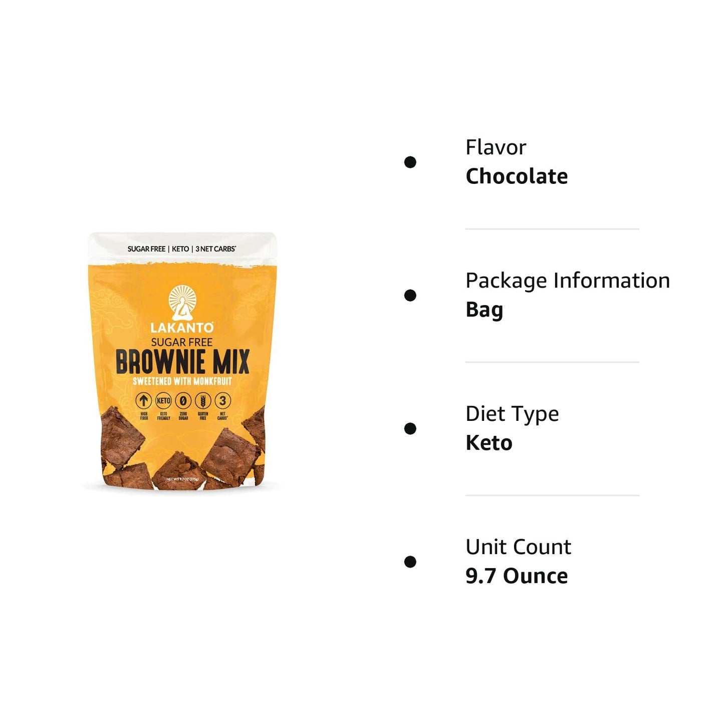 Lakanto Sugar Free Brownie Mix - Sweetened with Monk Fruit Sweetener, Keto Diet Friendly, Delicious Dutched Cocoa, High in Fiber, 3G Net Carbs, Gluten Free, Easy to Make Dessert (Pack of 1)