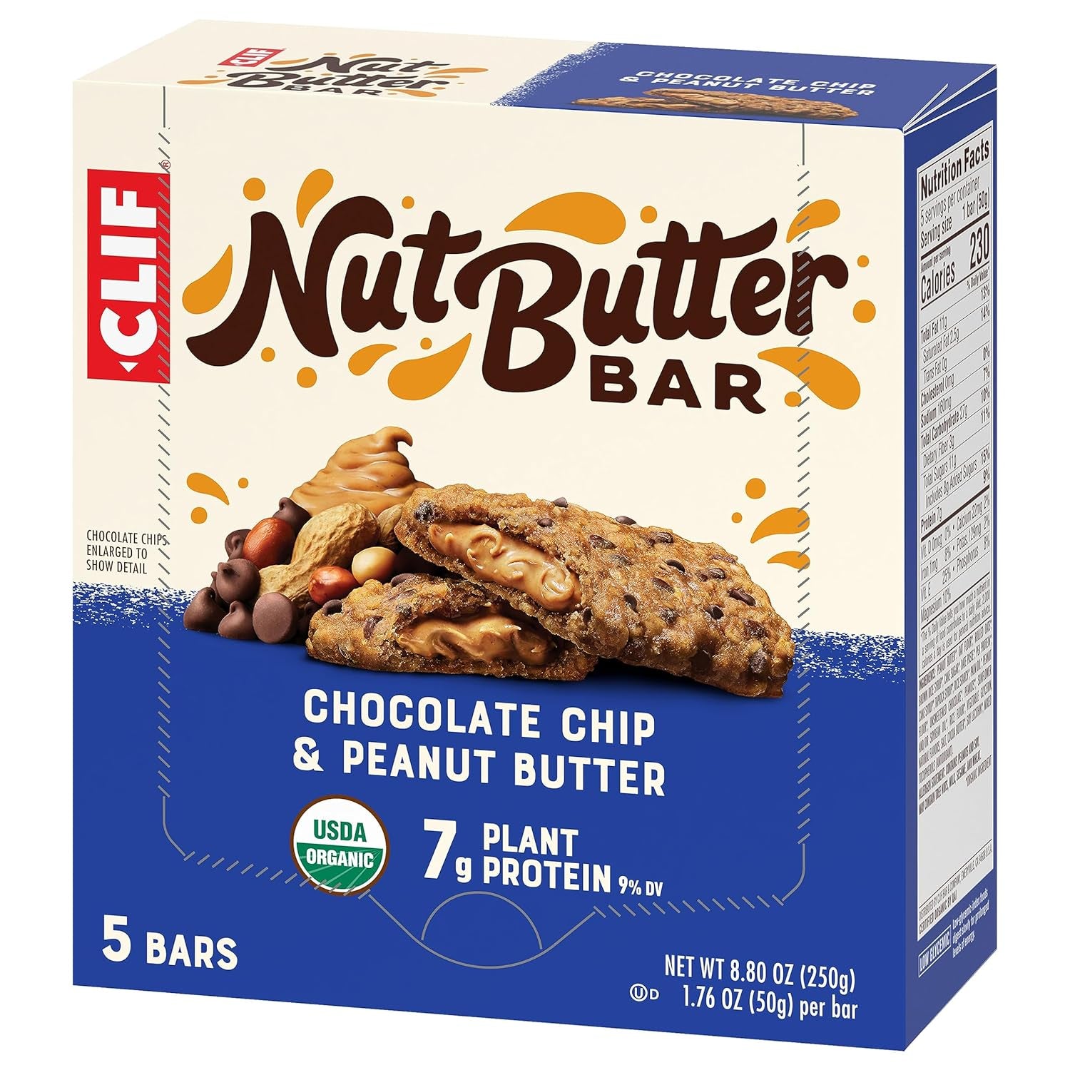 CLIF Nut Butter Bar - Chocolate Chip & Peanut Butter - Filled Energy Bars - Non-Gmo - USDA Organic - Plant-Based - Low Glycemic - 1.76 Oz. (5 Pack)