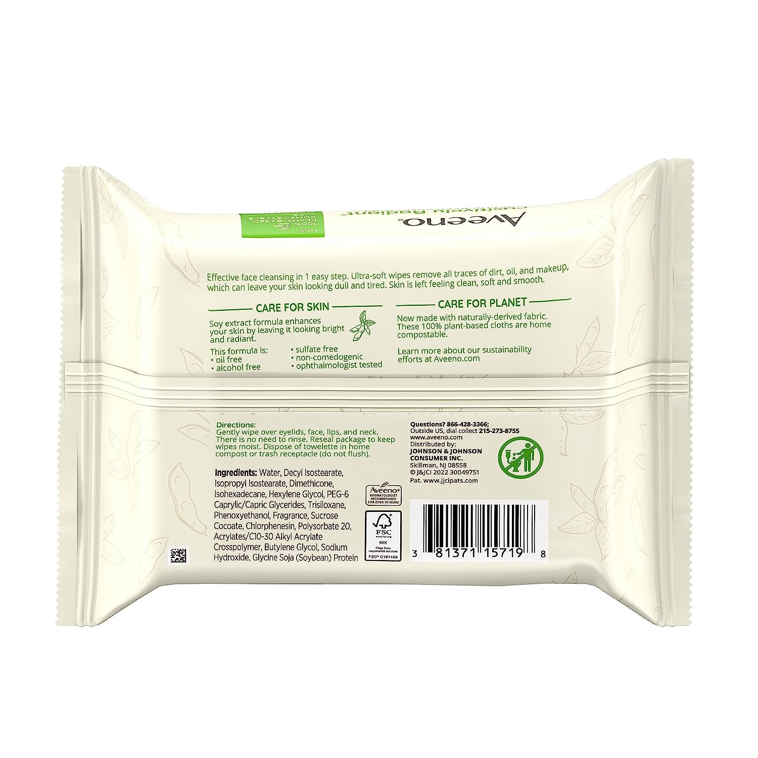 Aveeno Positively Radiant Oil-Free Makeup Removing Facial Cleansing Wipes to Help Even Skin Tone & Texture with Moisture-Rich Soy Extract, Gentle & Non-Comedogenic, 25 Ct.