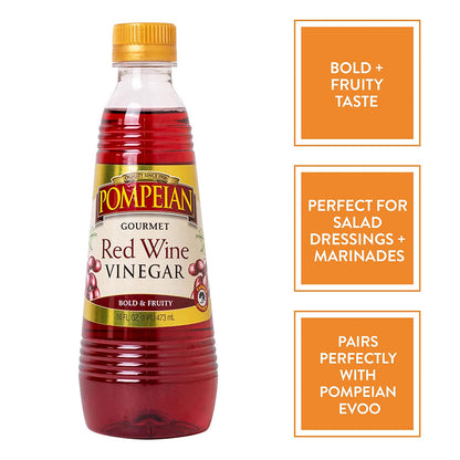 Pompeian Gourmet Red Wine Vinegar, Perfect for Salad Dressings, Marinades & Sauces, Naturally Gluten Free, Non-Allergenic, 16 FL. OZ.