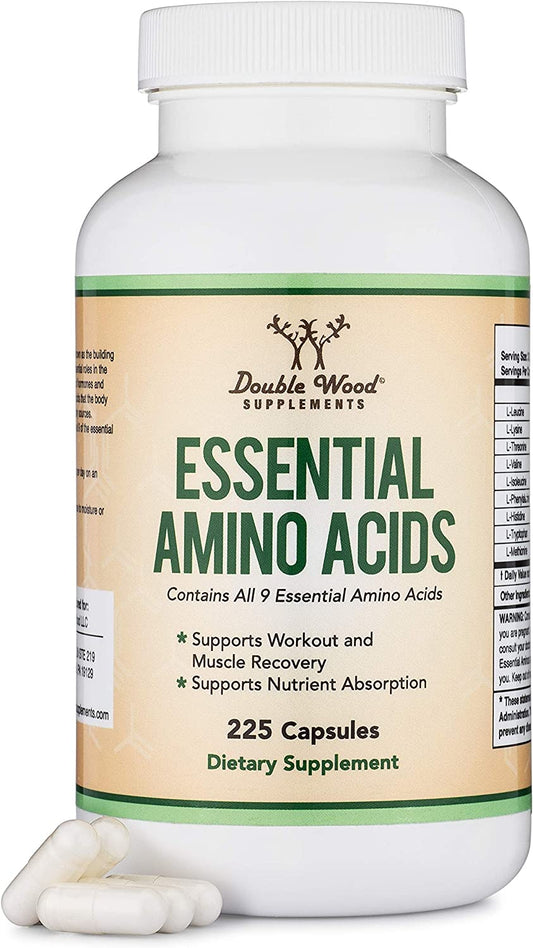 Essential Amino Acids - 1 Gram per Serving Powder Blend of All 9 Essential Aminos (EAA) and All Branched-Chain Aminos (Bcaas) (Leucine, Isoleucine, Valine) 225 Capsules by Double Wood Supplements