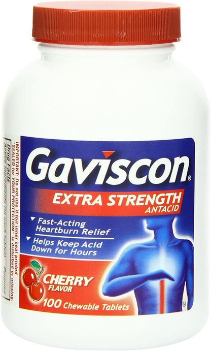 Gaviscon Extra Strength Cherry Chewable Tablet for Fast-Acting Heartburn Relief, 100 Count