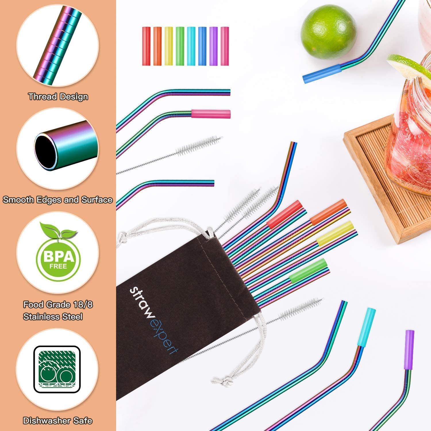 Strawexpert 16 Pack Rainbow Color Reusable Metal Straws with Silicone Tip & Travel Case & Cleaning Brush,Colored Long Stainless Steel Straws Drinking Straw for 20 and 30 Oz Tumbler