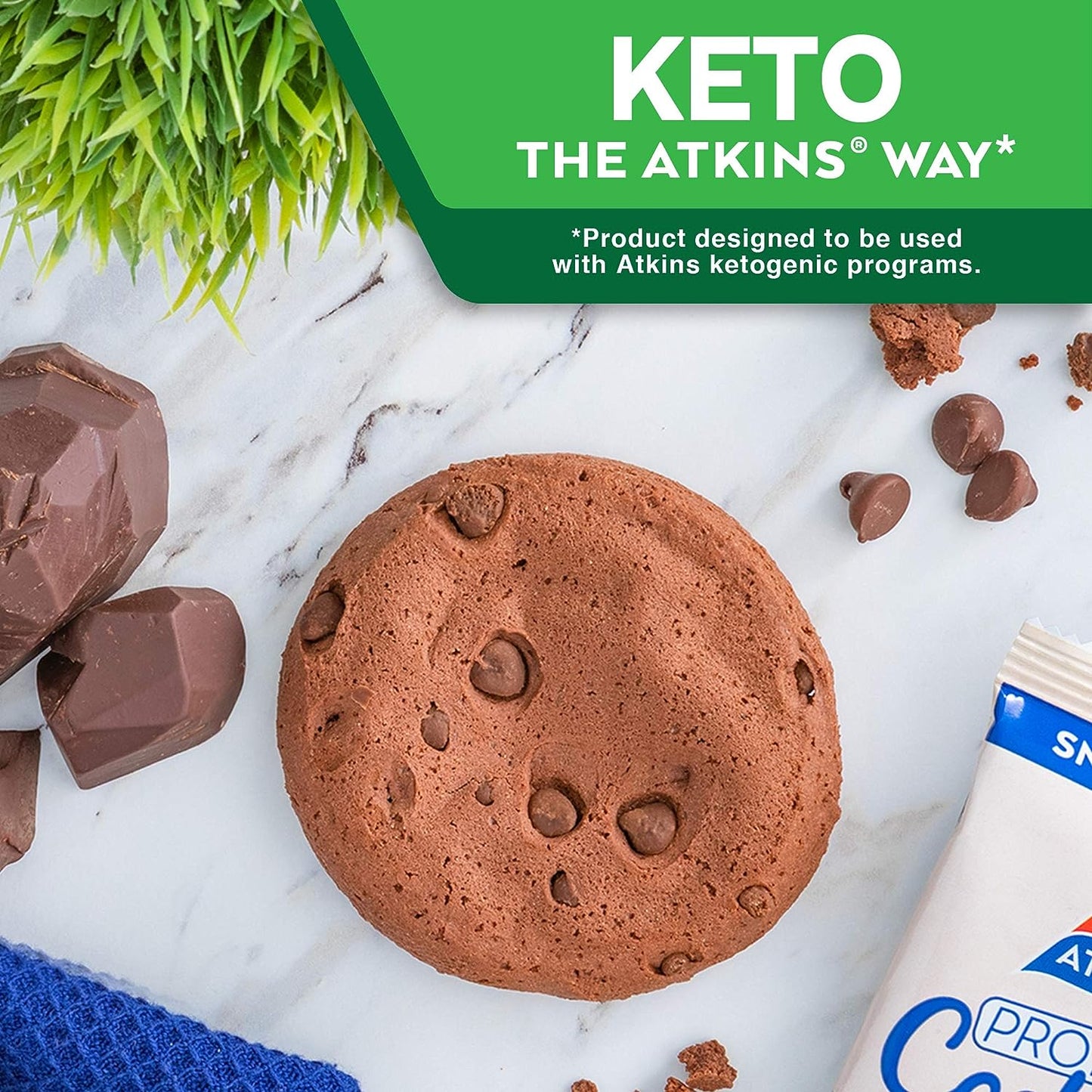 Atkins Double Chocolate Chip Protein Cookie, Protein Dessert, Rich in Fiber, 3G Net Carbs, 1G Sugar, Keto Friendly, 4 Count