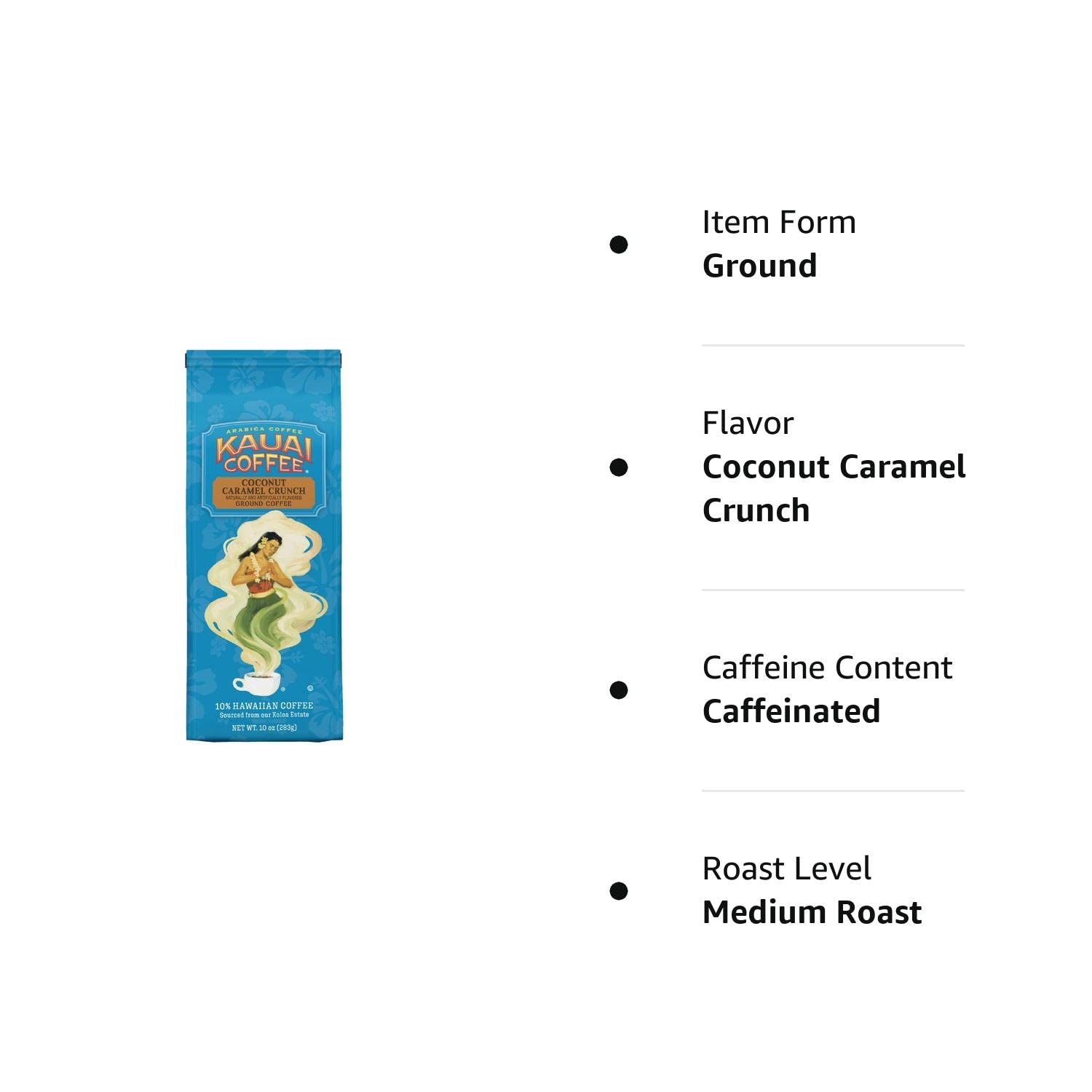 Kauai Hawaiian Ground Coffee, Coconut Caramel Crunch Flavor (10 Ounces) - 10% Hawaiian Coffee from Hawaii'S Largest Coffee Grower - Bold, Rich Blend