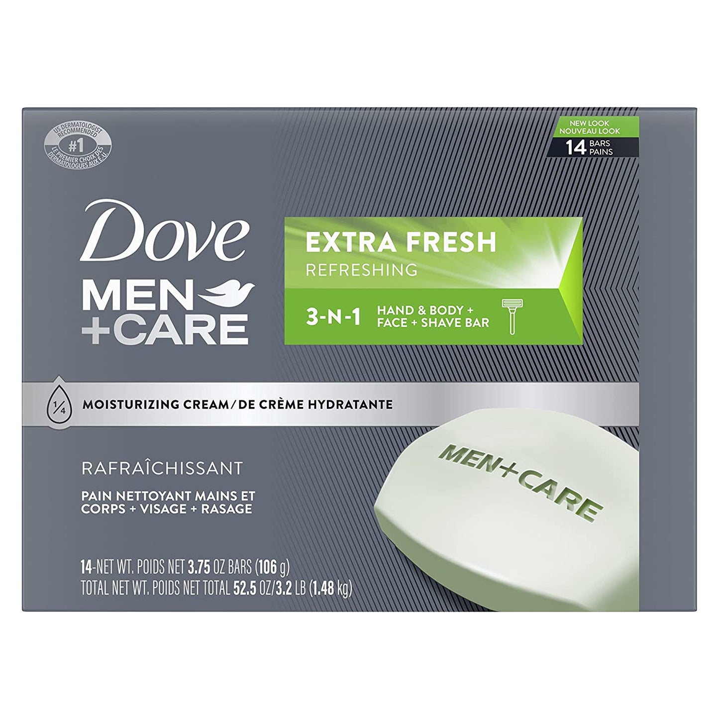 DOVE MEN + CARE Bar 3 in 1 Cleanser for Body, Face, and Shaving to Clean and Hydrate Skin Extra Fresh Body and Facial Cleanser More Moisturizing than Bar Soap 3.75 Oz 14 Bars