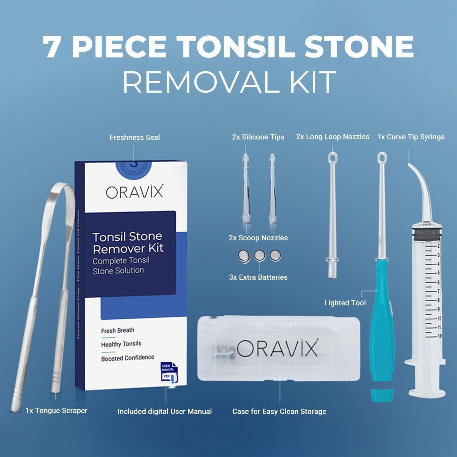 ORAVIX Tonsil Stone Removal Kit - Remover Fast Painless Tonsillolith Tool Cleaner Fight Bad Breath Oral Irrigator Tongue Scraper 7 Pieces