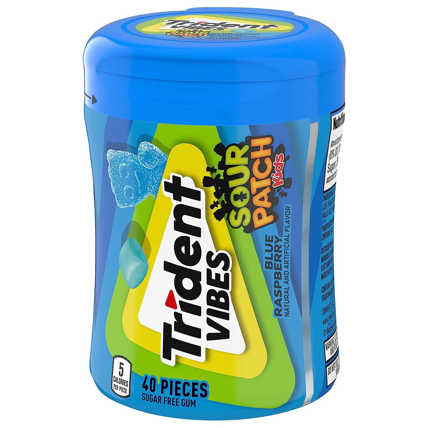 Trident Vibes SOUR PATCH KIDS Blue Raspberry Sugar Free Gum, 40 Piece Bottle