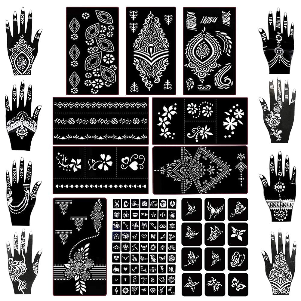 Koogel 18 Sheets Henna Tattoo Stencil Kit, 97 PCS Temporary Glitter Airbrush Flower Tattoo Stencils for Women and Girls Arabian Realistic Tattoo Stickers for Face Paint Body Art