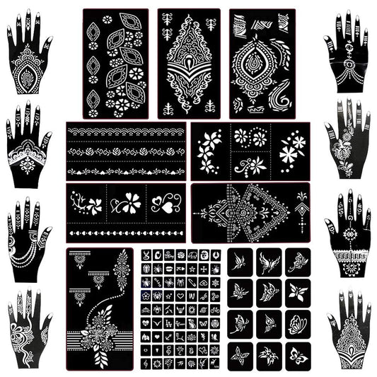 Koogel 18 Sheets Henna Tattoo Stencil Kit, 97 PCS Temporary Glitter Airbrush Flower Tattoo Stencils for Women and Girls Arabian Realistic Tattoo Stickers for Face Paint Body Art