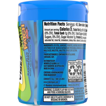 Trident Vibes SOUR PATCH KIDS Blue Raspberry Sugar Free Gum, 40 Piece Bottle