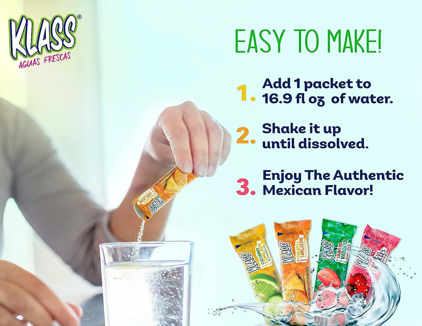 Klass Aguas Frescas, Fruit Variety Pack, Sugar Free Drink Mix , On-The-Go! Powdered Drink Mix (44 Count Powder Stick Packs) 5 Calories per Packet- Shake It Up! the New Way to Drink Aguas Frescas.