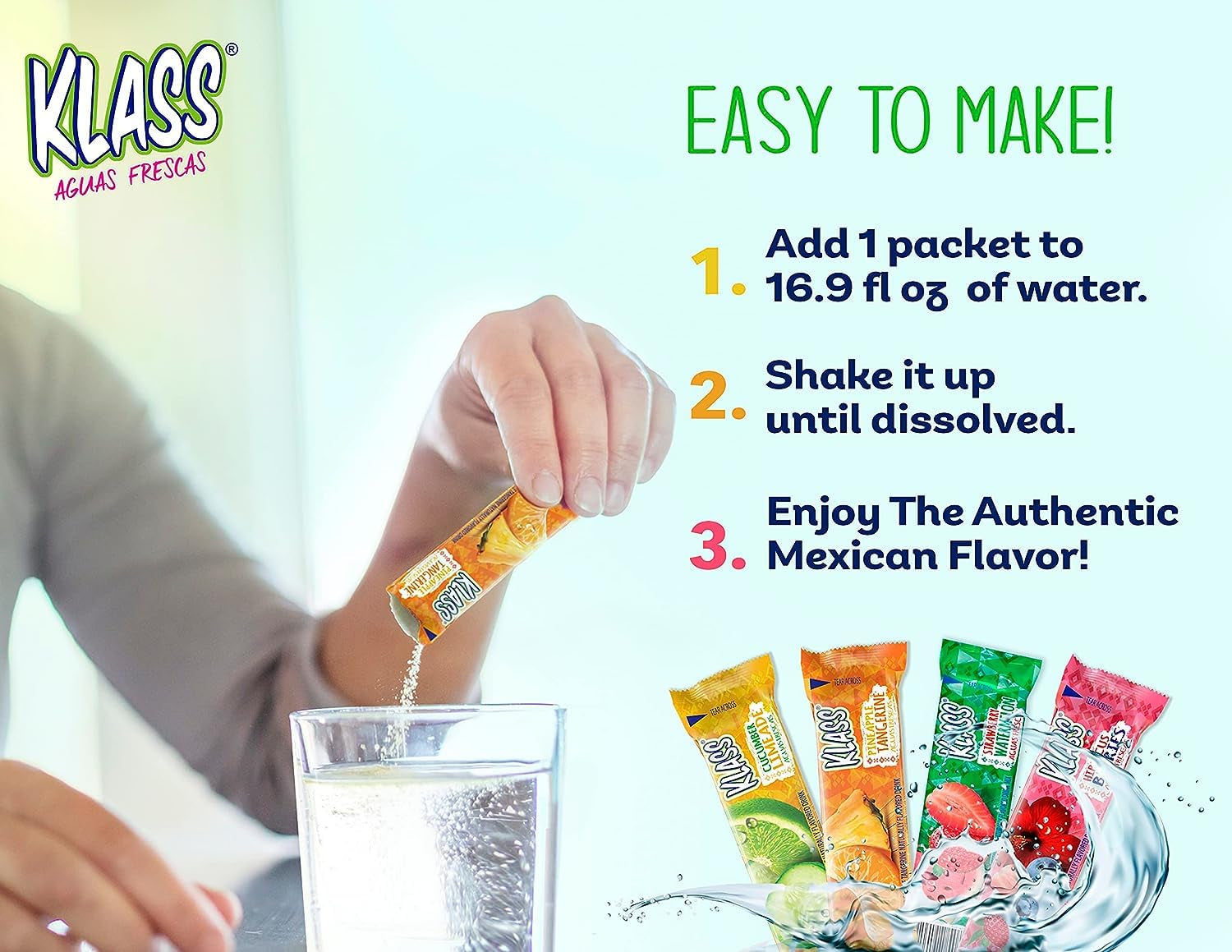 Klass Aguas Frescas, Fruit Variety Pack, Sugar Free Drink Mix , On-The-Go! Powdered Drink Mix (44 Count Powder Stick Packs) 5 Calories per Packet- Shake It Up! the New Way to Drink Aguas Frescas.