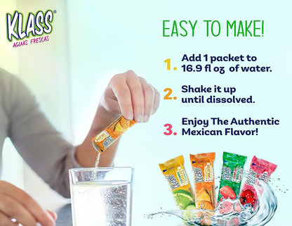 Klass Aguas Frescas, Fruit Variety Pack, Sugar Free Drink Mix , On-The-Go! Powdered Drink Mix (44 Count Powder Stick Packs) 5 Calories per Packet- Shake It Up! the New Way to Drink Aguas Frescas.