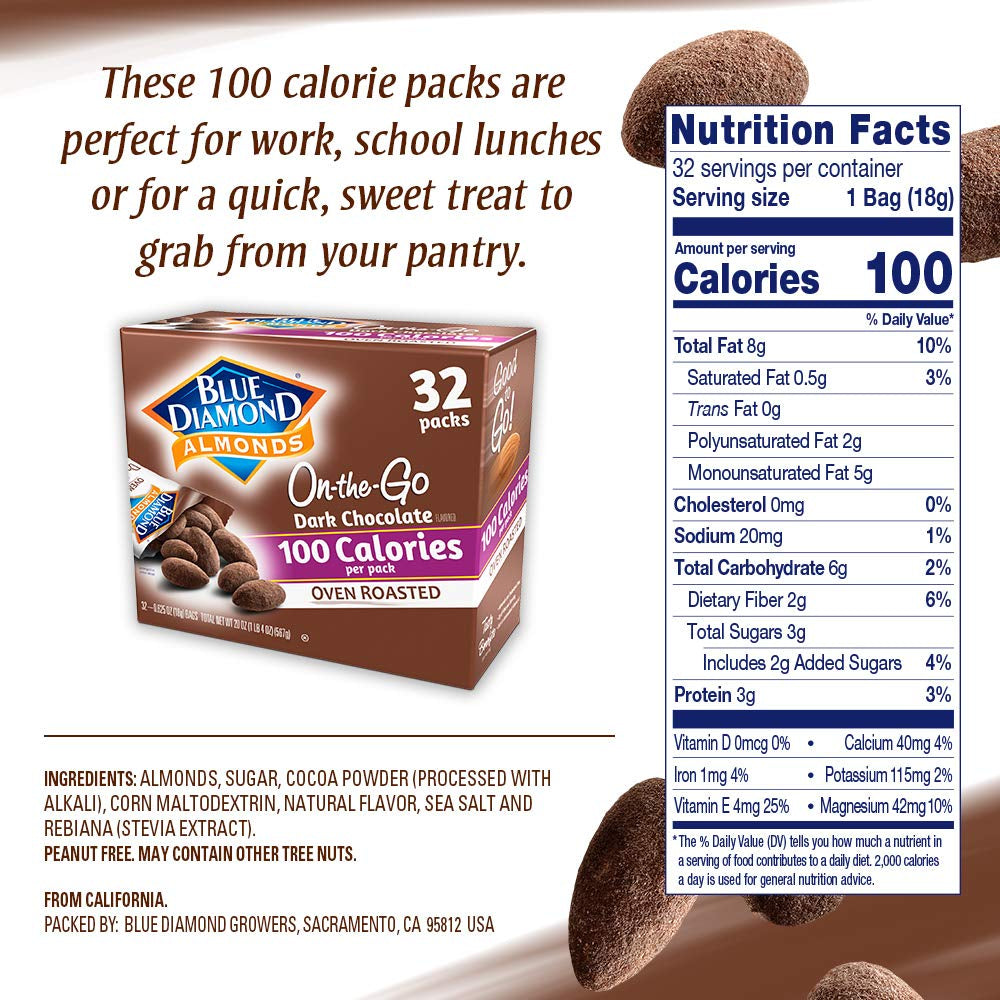 Blue Diamond Almonds, Dark Chocolate Cocoa Dusted Almonds, 100 Calorie Packs (32 Count)