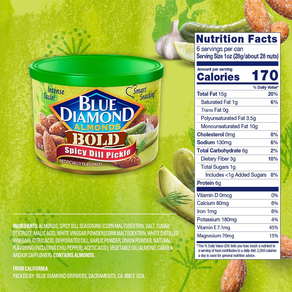 Blue Diamond Almonds Spicy Dill Pickle Flavored Snack Nuts, 6 Oz Resealable Can (Pack of 1)